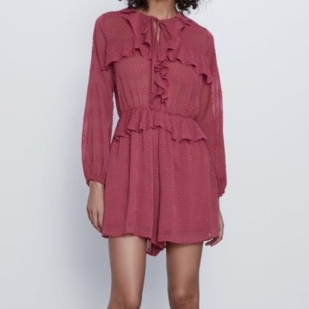 Zara Dusty Rose Ruffle Long-Sleeve Swiss Dot Romper Size XS